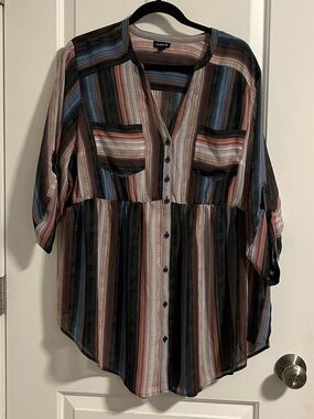 🖤👚👔Torrid Emma Babydoll Tunic - Chiffon Striped Black Size 2👔👚🖤